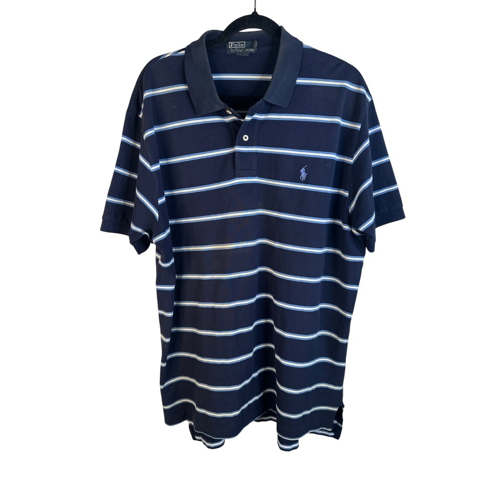 Polo Ralph Lauren Men's Navy Blue Striped Short Sleeve Pique Polo Shirt XL
